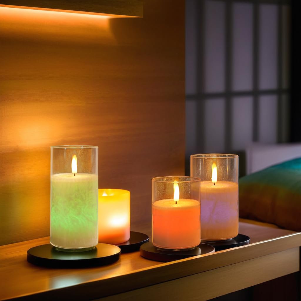 NICEME 12 Multi Colored Flickering LED Flameless Candles with Remote Control Timer Color Changing Candles Real Wax Battery Operated Candles with Flickering Flame Crystal Texture Design, D3”xH4 5 6”