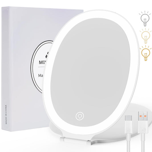 MISERWE Rechargeable Travel Makeup Mirror with Light, Portable Lighted Mirror, 3 Color Lighting, Dimmable Touch Screen, Tabletop LED Folding Vanity Mirror for Travel, Desk, Home, Office