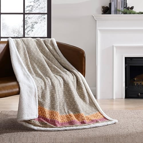 Eddie Bauer - Throw Blanket, Brushed Fleece Bedding with Sherpa Reverse, Soft & Cozy Home Decor for Bed or Couch (Fair Isle Khaki, 50" x 70")