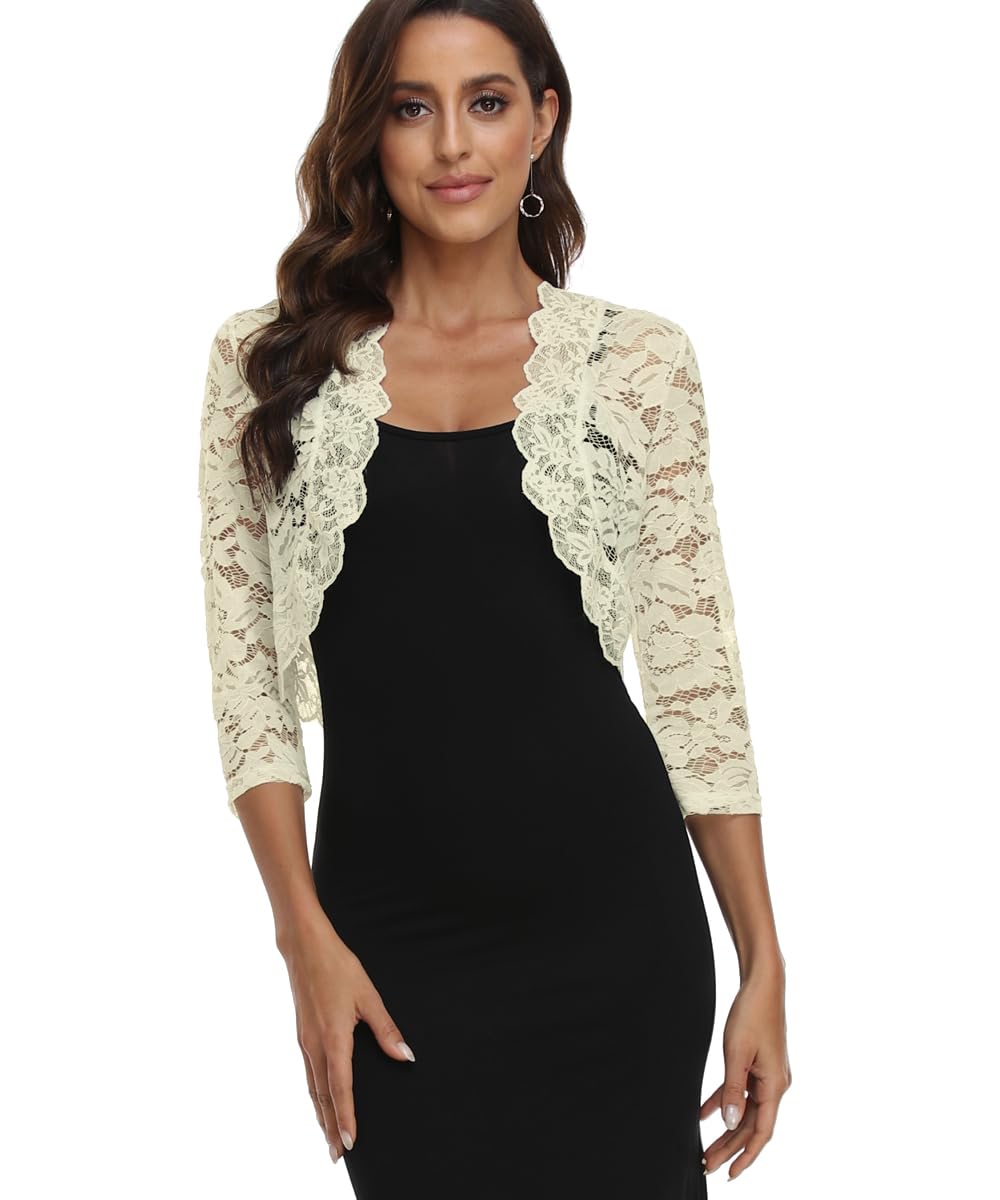 PEIQI Women's 3/4 Sleeve Sheer Crochet Lace Bolero Shrug Cropped Cardigan S-XXL