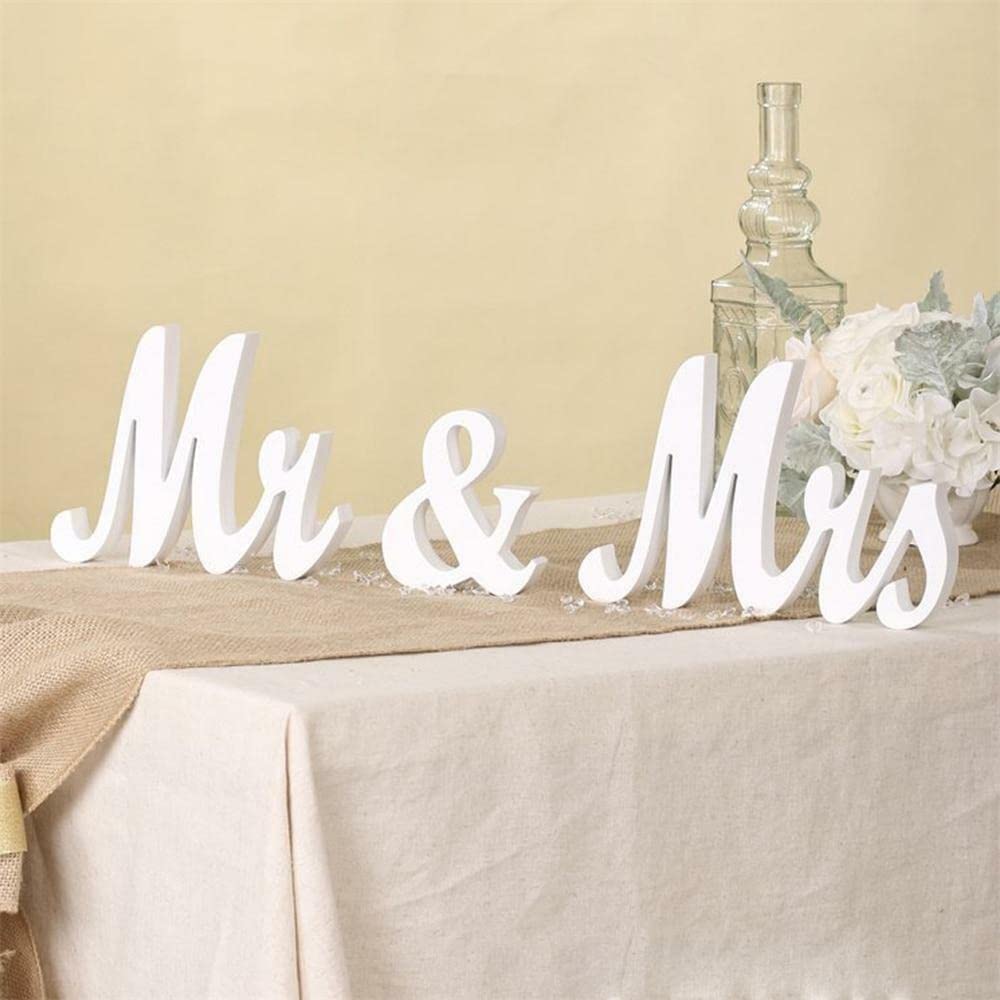 LinTimes Mr and Mrs Sign, Rustic Wooden Freestanding Mr & Mrs Letters Signs, Wedding Table, Photo Props, Party Table, Top Dinner Decorations, Just Married Anniversary Wedding Gifts, White