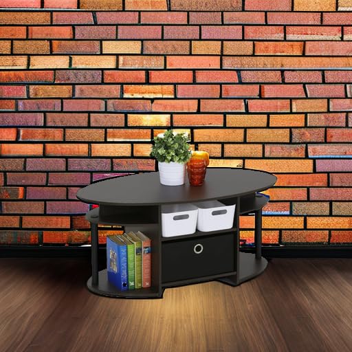 Furinno Jaya Simple Design Oval Coffee Table with Bin for Living Room, Walnut