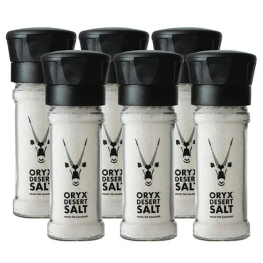 Oryx Desert Salt Grinder - 6 Pack - 3.52oz - Refillable, Reusable +20x Ceramic Salt Grinder with Oryx Desert Salt, Naturally Organic, Kosher - Alternative to Sea Salt, Himalayan & Rock Salt - Kitchen Essential