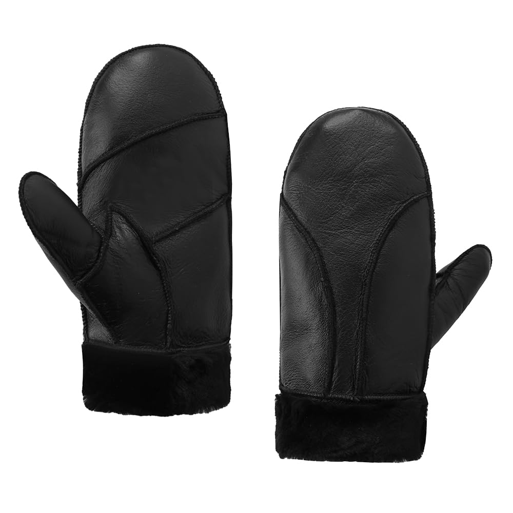 MGGMOKAY Women Leather Mittens Shearling Sheepskin Fur Lined Winter Mitten Gloves