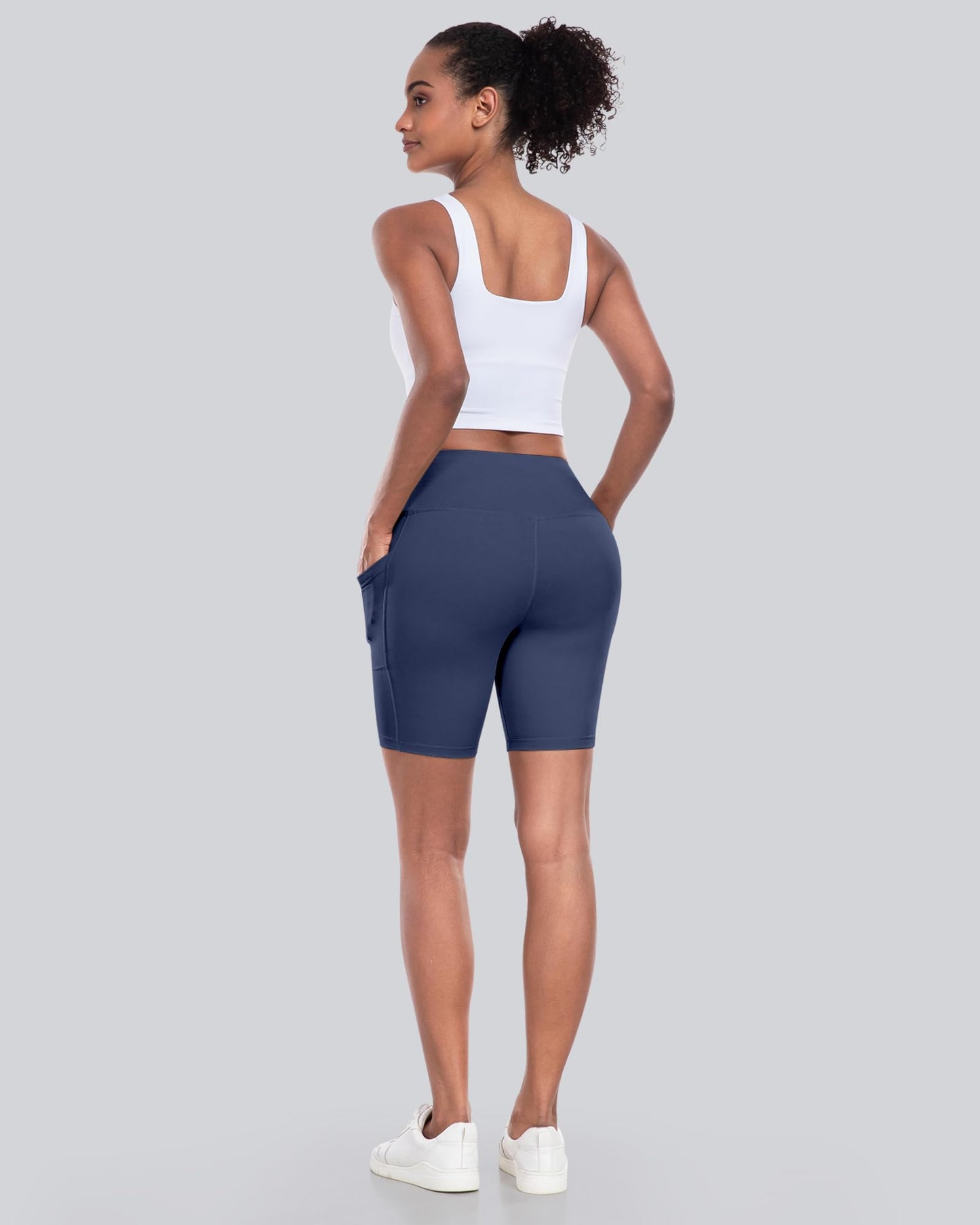 CHRLEISURE Womens Biker Yoga Shorts with Pockets: High Waisted Tummy Control Spandex Workout Athletic Gym Shorts 4 Packs(8'' Black,Gray,Navy,Wine, L)