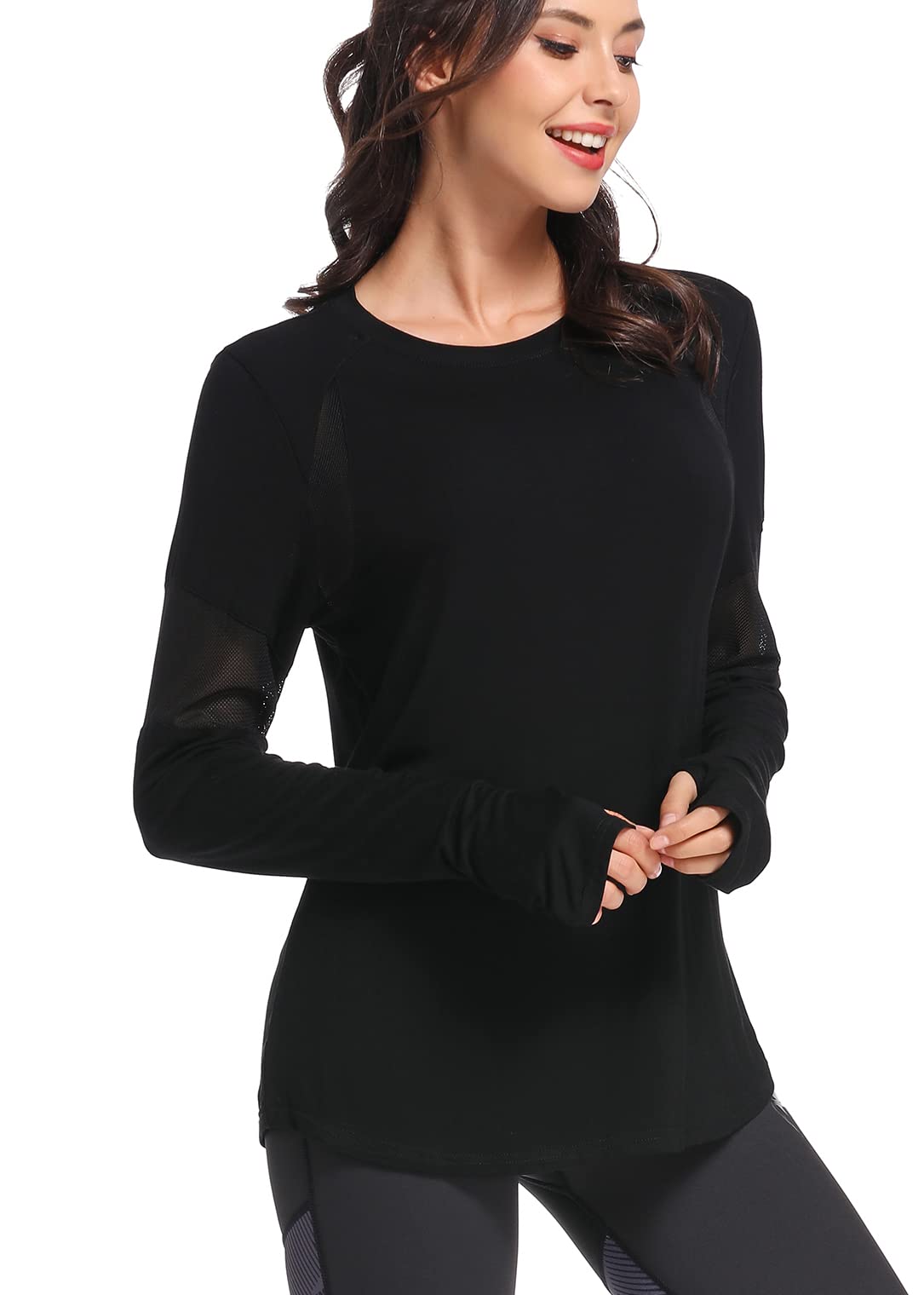 Muzniuer Women's Long Sleeve Yoga Workout Shirt - Breathable Activewear with Thumb Hole (Black, S)