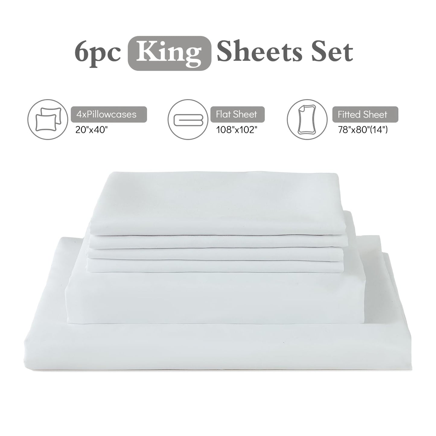 ILAVANDE White King Sheets Set 6 Piece,Hotel Luxury Super Soft 1800 Series Microfiber Bed Sheets King Set-Wrinkle & Fade Resistant-14 Deep Pockets Sheets for King Size Bed(King,White)