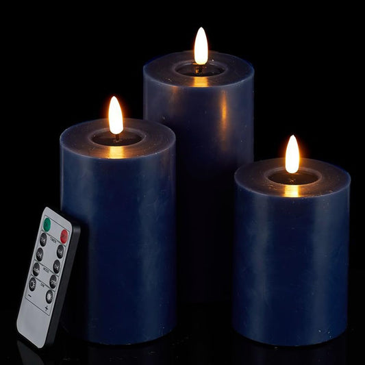 loliow Pillar Candles Battery Operated 3" Set of 3(Height 4" 5" 6") Flickering Flameless Candles with Remote LED Candles for Home Events Holiday Decoration Indoor & Outdoor (Navy)