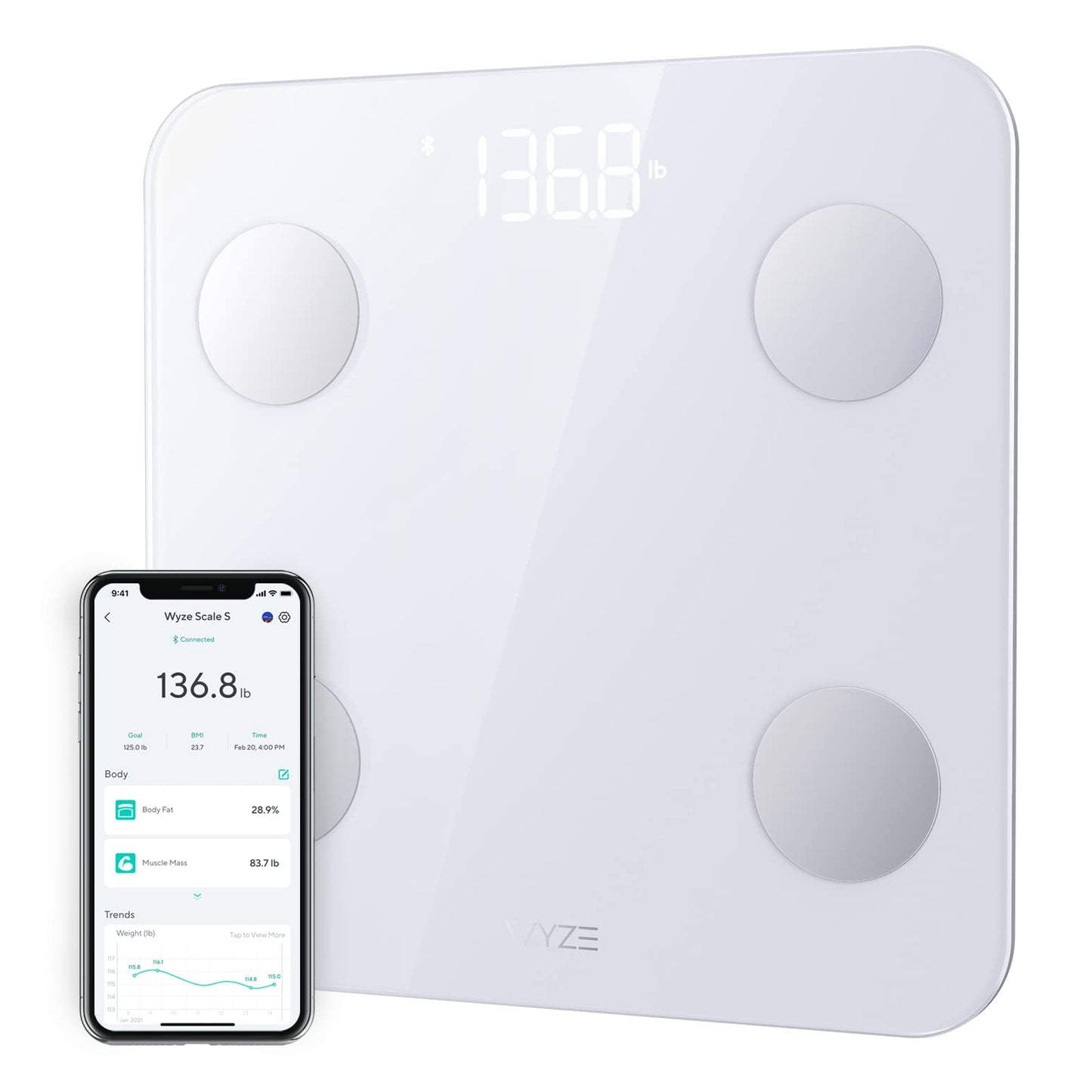 Wyze Scale S, Scale for Body Weight, FSA HSA Eligible, Digital Bathroom Scale for Body Fat, BMI, Muscle, Heart Rate, Body Composition Analyzer with App, Batteries Included, Bluetooth, 400 lb, White