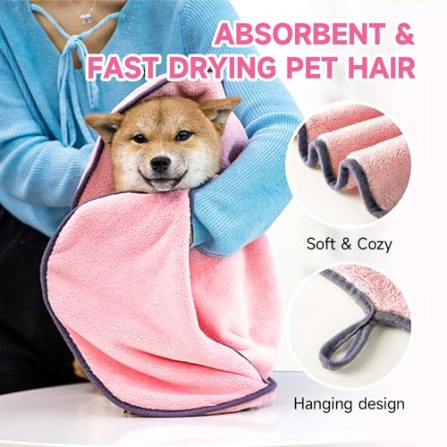 KUEIOX Dog Washing Gloves - Quick Drying Dog Towel,Cat Bath Grooming Gloves Brush with High-Density Teeth for Bathing Massaging，Absorbent Pet Bath Towel 30.3"x13.8" with Hand Pocket for Dog Cat Pink