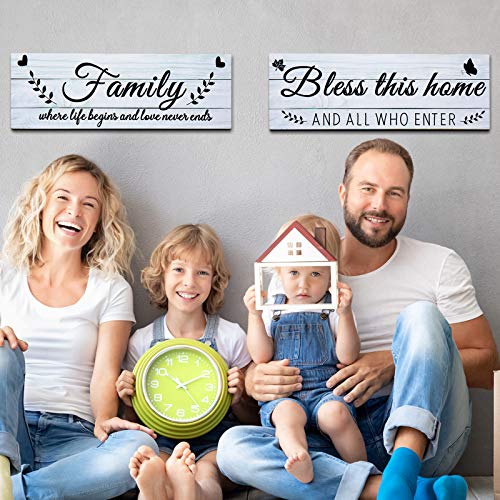 Jetec Wooden Family Signs Rustic Bless This Home Wood Family Decor Wall Art Farmhouse Entryway Decoration for Bedroom Living Room Office, 13.8 x 4.7 Inch (White)