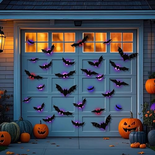 Halloween 3D Lighted Bats, 2025 Halloween Must-Have Halloweens 3D Lighted Bats, Light up Batss for Halloweenn, Glowing Halloweenr Hanging Bat Decor, 3D Bat LED Decoration (24PCS)