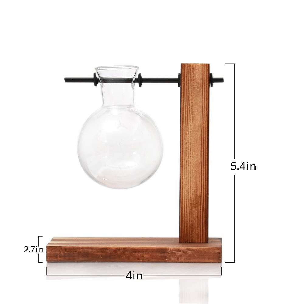 Kingbuy Glass Planter Bulb Vase Desktop Plant Terrarium with Retro Solid Wooden Stand for Propagation Hydroponics Water Plants Home Garden Office Decor