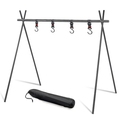 Foldable Tripod Camping Hanging Rack - 4 Hooks Outdoor Cookware Storage Portable, Outdoor Camping Folding Rack (Large)
