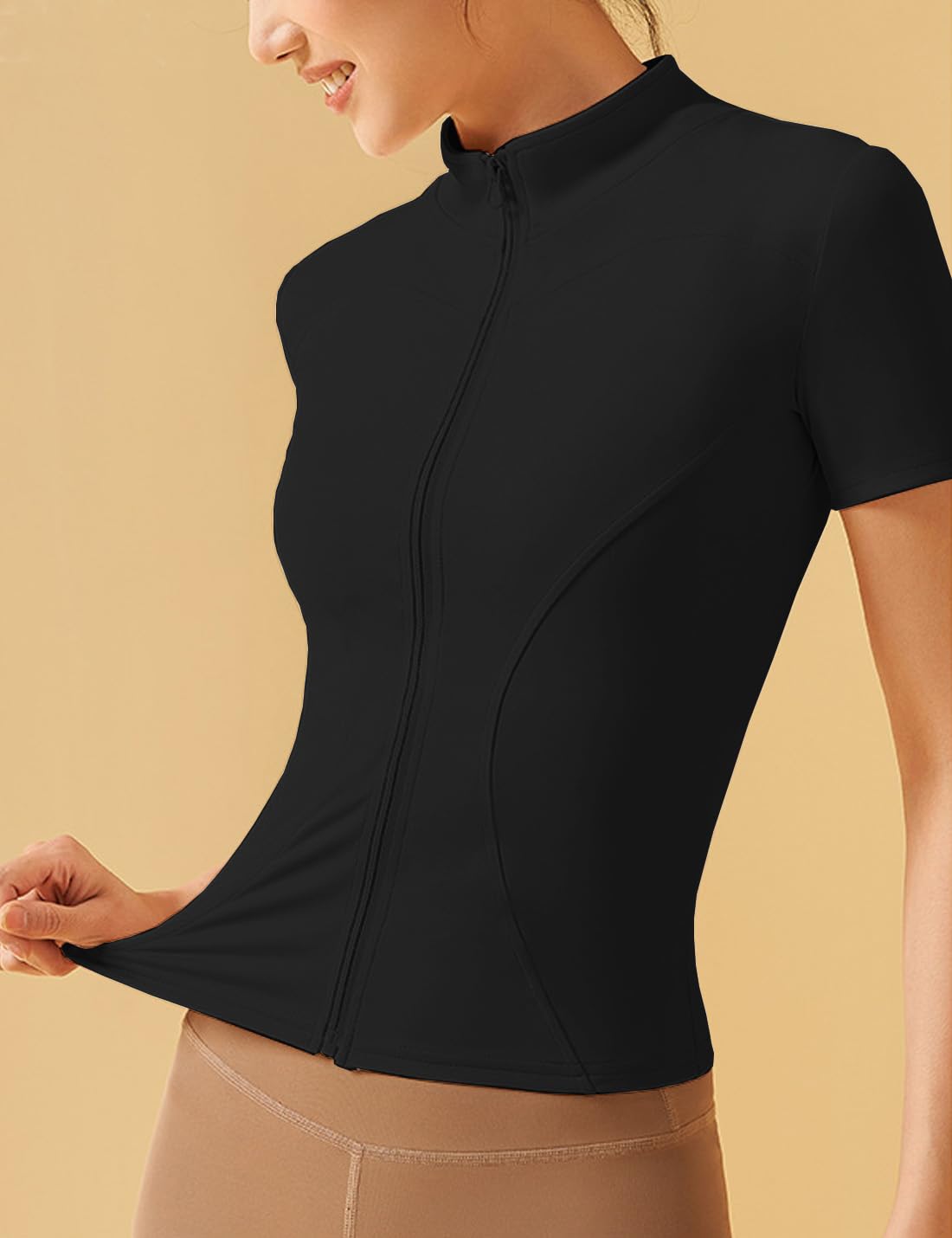 COWOKA Women's Workout Jacket Slim Fitness Casual Short Sleeve Sports coat Yoga Tops Black XL