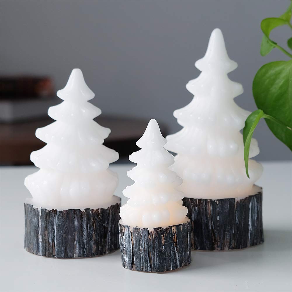 Eldnacele Christmas Flameless Flickering Candles with Timer Battery Operated Tree Shaped White LED Electric Wax Candles Warm White Set of 3 Seasonal Decoration Presents