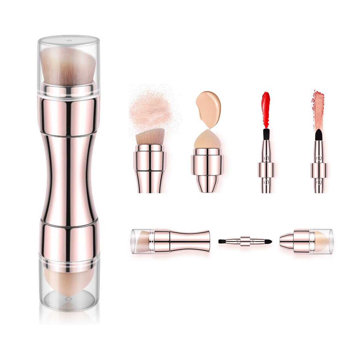 Bling Toman 4 in 1 Makeup Brush, Eyeshadow Eye Lip Face Concealing Blush Foundation Brush All in One Retractable Travel Size Makeup Brush Set (rose gold brush)