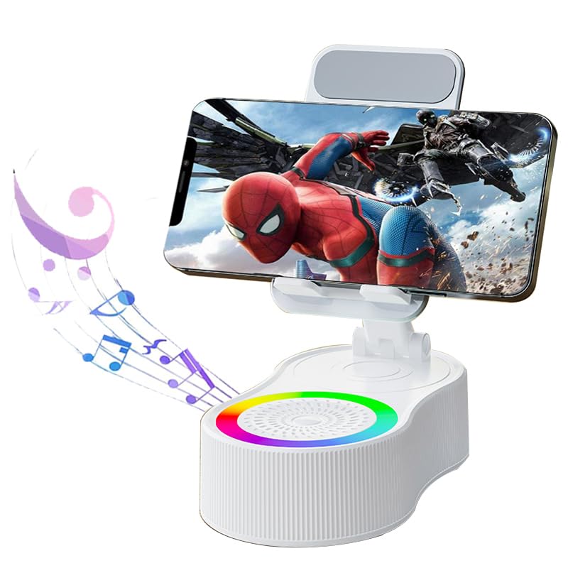 5-in-1 Wireless Induction Bluetooth Speaker Stand with Foldable Phone Holder, Power Bank & Ambient Light — Desktop/Home, Plastic/Metal Composite (Minimalist Design) (White)