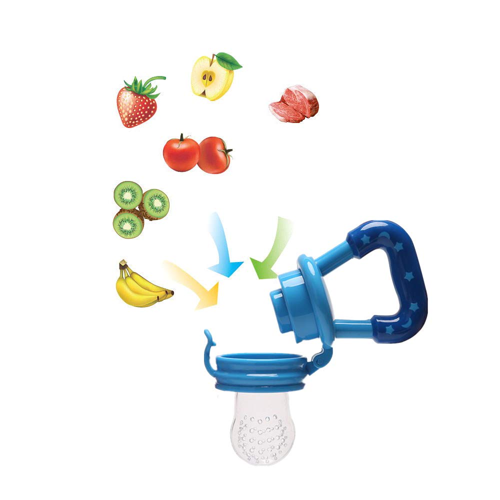 Food Feeder Baby Fruit Pacifier (3 Pcs) with 6 Different Sized Silicone Pacifiers 2 PCS Dispensing Spoon 90ML Spoons Clip Infant Teething Toy -Blue