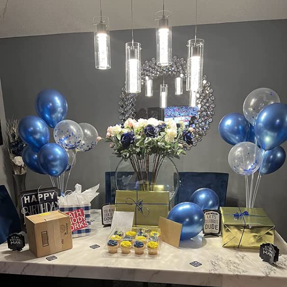 Blue Balloon Stand Kit Table Decorations - 2 Sets With 14 Sticks, Cups, 2 Base, 12 Metallic and 6 Confetti Balloons for Baby Shower, Graduation, Anniversary Party