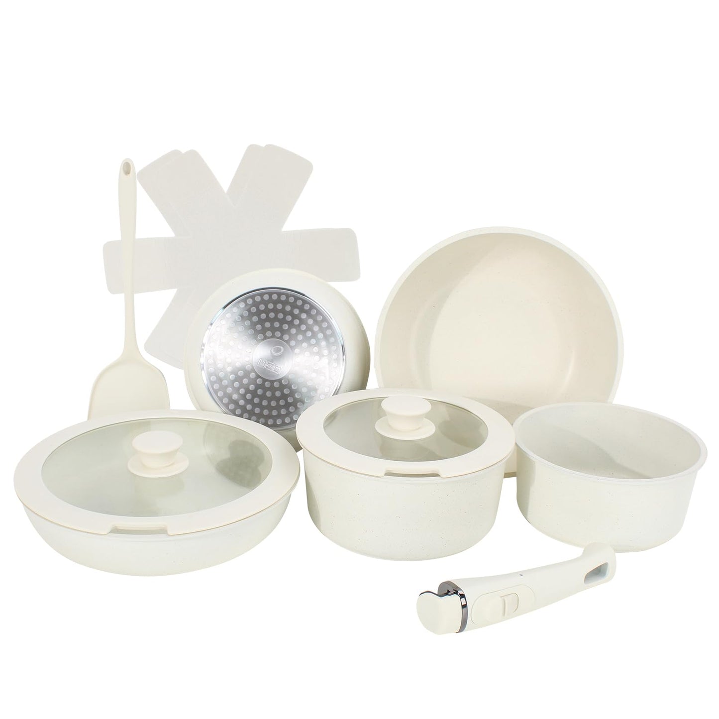 11 PCS pots and pans set, pots and pans set non stick, Removable Handles, Induction and Oven Safe Cookware Set, Dishwasher Safe, Cream