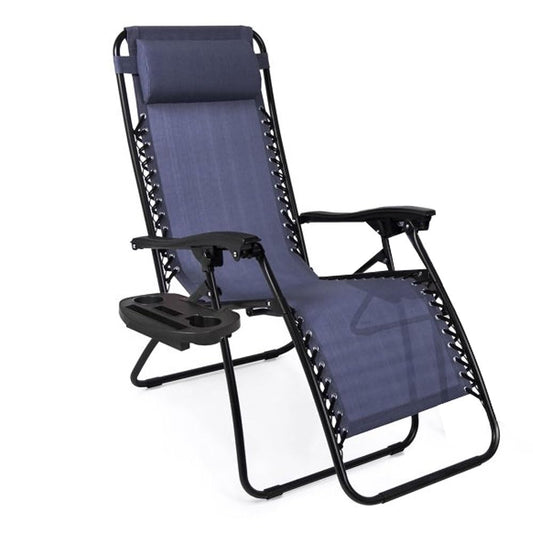 EZONE 1 Chair Zero Gravity Lounge Chairs Outdoor Adjustable Reclining Patio Chair Steel Mesh Folding Recliner for Pool Beach Camping Lounge Chair with Pillows and Cup Tray (1, Navy Blue)