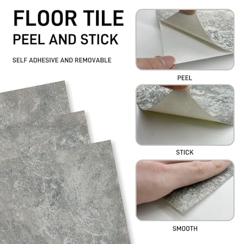 Chic Stone Vibe Underfoot – Peel and Stick Flooring Tiles, Upgraded 12"x12" Thick Vinyl Grey Tones Floor Tiles Waterproof, Residue-Free DIY for Instant Ambiance (12 Tiles)