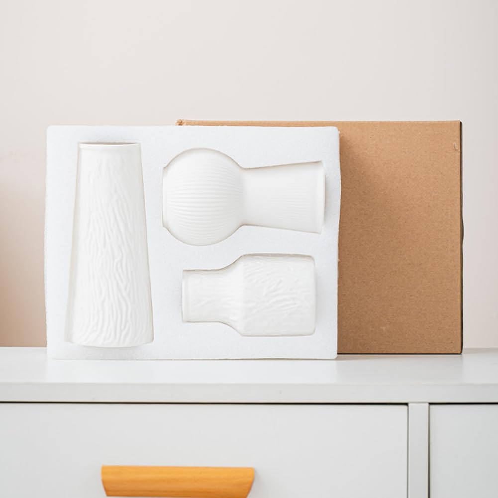 White Ceramic Vases Set of 3, Home Decorative Vase,Rustic Farmhouse Decor, for Your Kitchen, Bedroom, Office, Living Room, Bathroom, & Shelf Centerpiece Table Decorations (White)