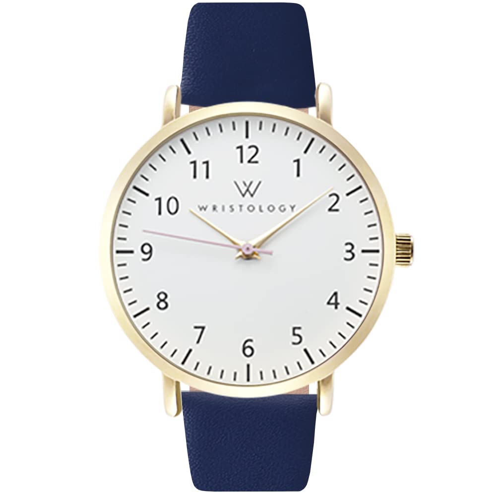 Wristology Numbers Womens Nurse Watch Leather Strap in Gold - Interchangeable Navy Blue Genuine Leather Band Watch - Large Easy Read Analog Watch for Women, Men, Nurses, Teachers OC047