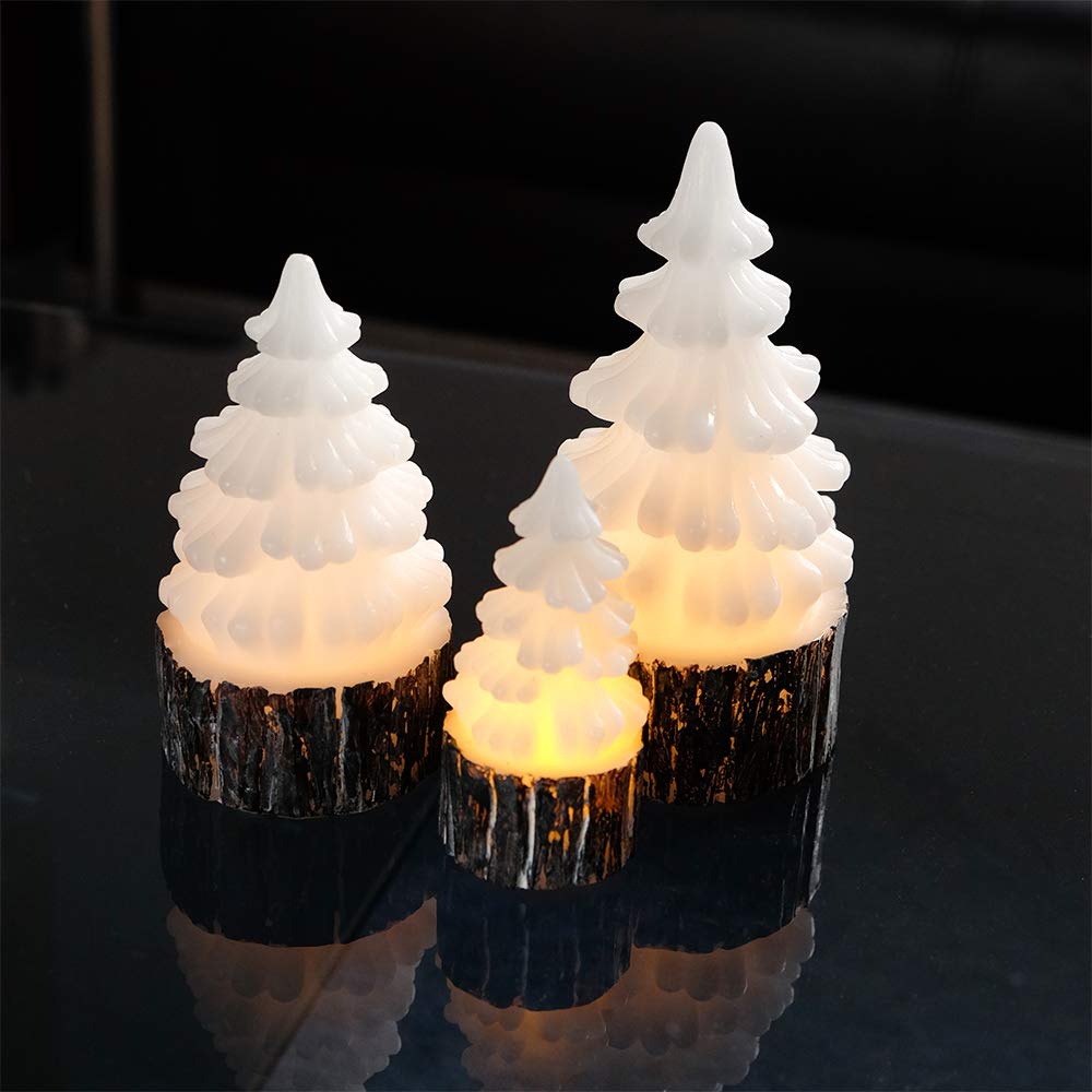 Eldnacele Christmas Flameless Flickering Candles with Timer Battery Operated Tree Shaped White LED Electric Wax Candles Warm White Set of 3 Seasonal Decoration Presents