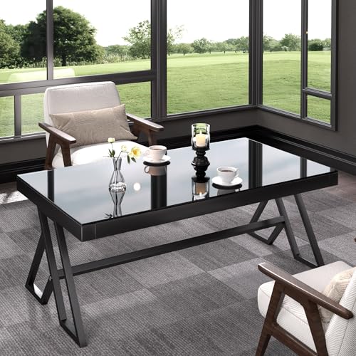 Jerry & Maggie Tempered Glass Tea Table Coffee Table Cocktail Desk Table - Modern Steel Triangular Legs Living Room Desk Decor - Anti Scratch Polished Surface Family Size Dinning Table, Black