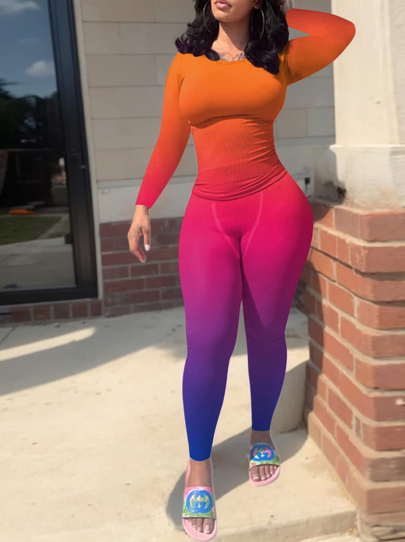 Nimsruc Two Piece Outfits For Women Casual Jogging Suits Long Sleeve Tracksuits Bodycon Crew Neck Sweatsuits Pants Sets Matching Orange Pink Purple Gradient S