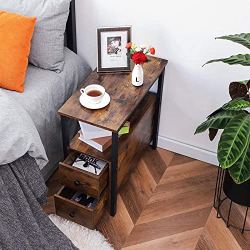 HOOBRO End Table, Narrow Chairside Table with Drawer and Open Storage Shelf, Nightstand for Small Spaces, Stable and Sturdy Construction, Wood Look Accent Furniture, Rustic Brown and Black BF548BZ01G2