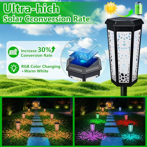 TITIMIO Solar Powered Pathway Landscape Lights 4 Pack, RGB Color Changing+Warm White Outdoor Waterproof Solar Yard Lights for Garden Sideway Outside, Patio, Path, Yard, Walkway, Driveway, 2 Modes