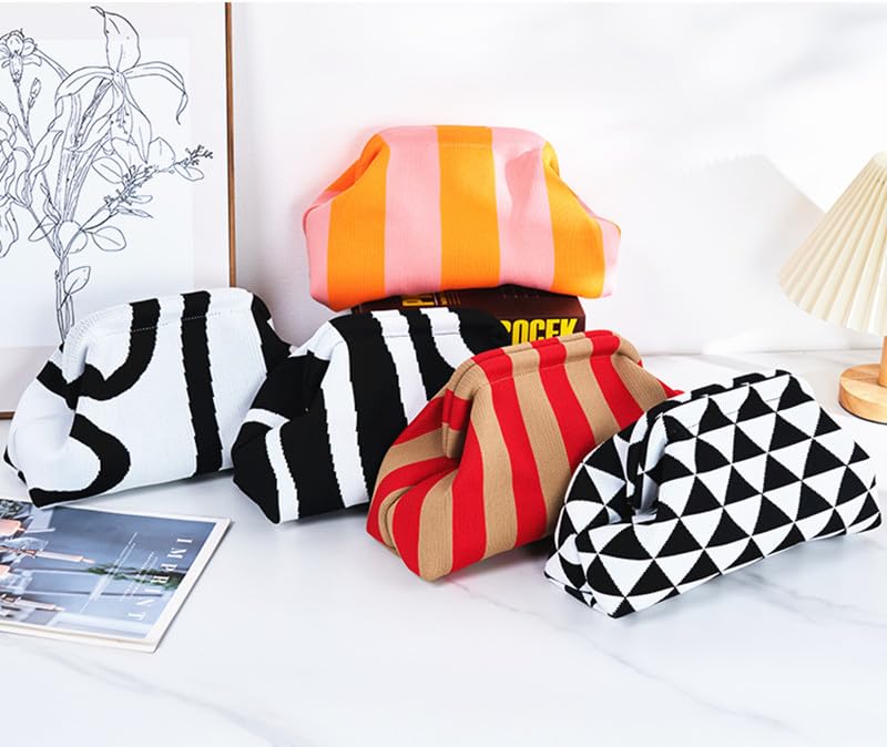 DIHKLCIO Clutch Purses for Women Summer Beach Woven Crochet Handbag Dumpling Striped Ruched Cloud Purse colorblock Evening Bag pink green