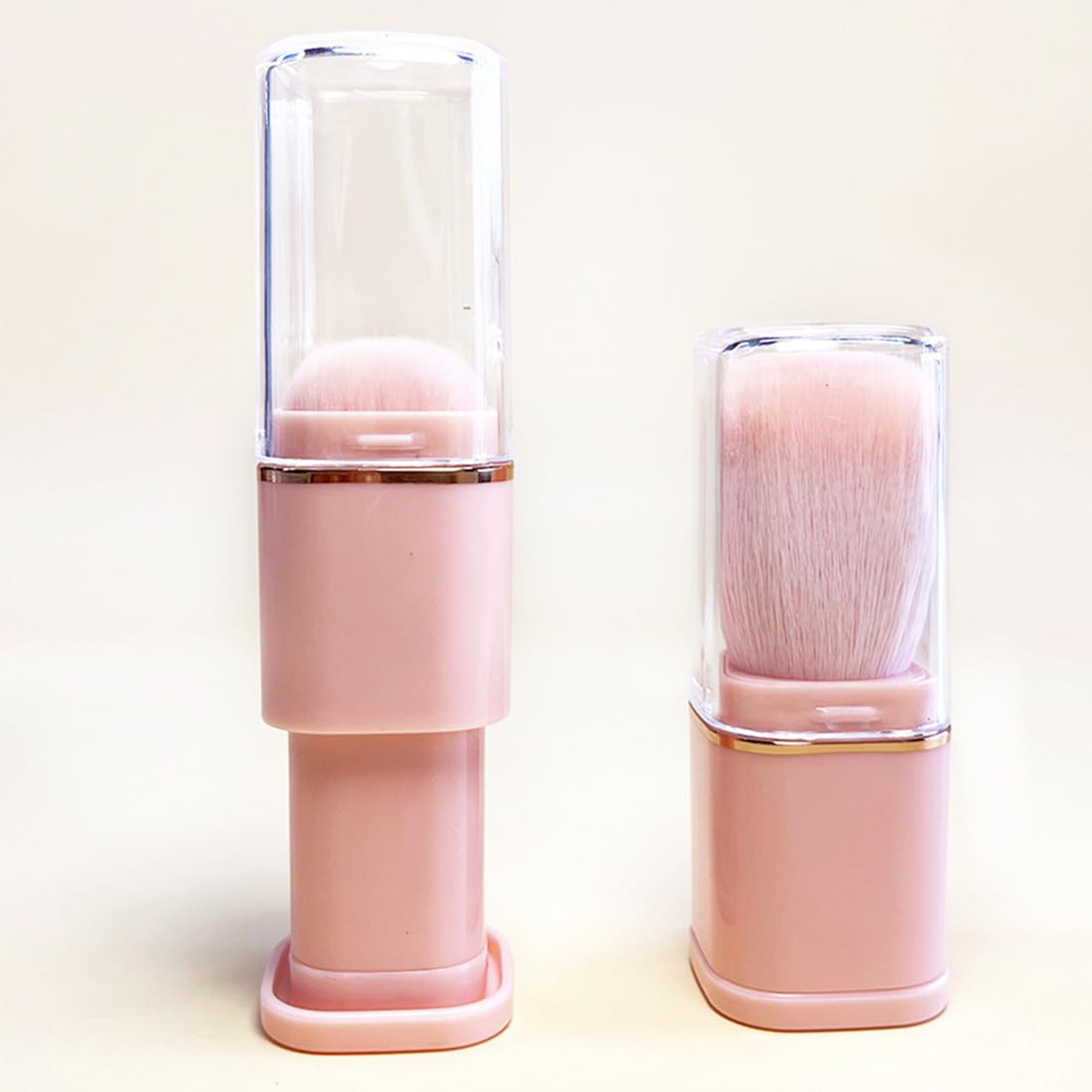 Reazana Retractable Kabuki Brushes 2pcs Powder Foundation Brush Contour Blush Bronzer Face Blender Brush Liquid Cream Mineral Buffing Blending Makeup Brushes Thick Dense Soft Synthetic Fibers (Pink)