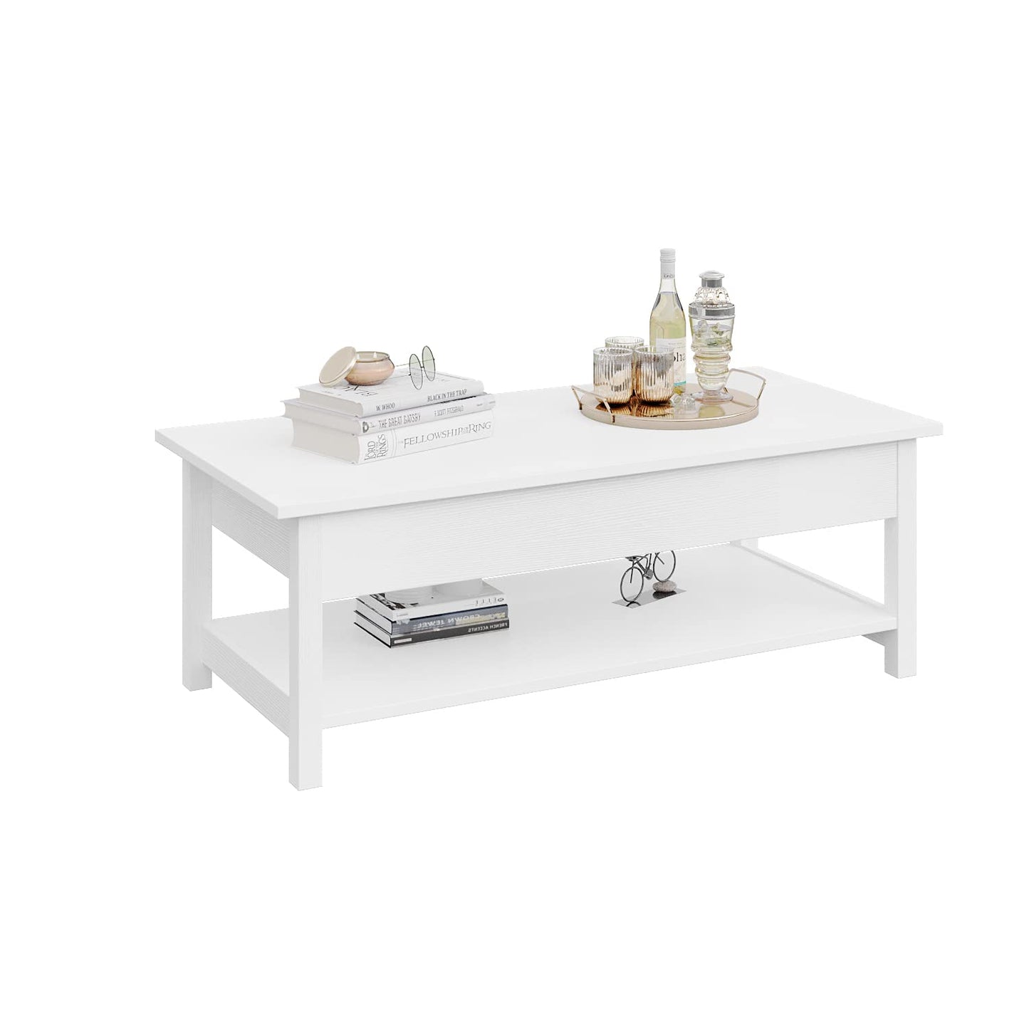 Panana Lift Top Coffee Table with Hidden Compartment and Open Shelf, Lift Tabletop Pop-Up Coffee Table for Living Room, 45.28" L, White