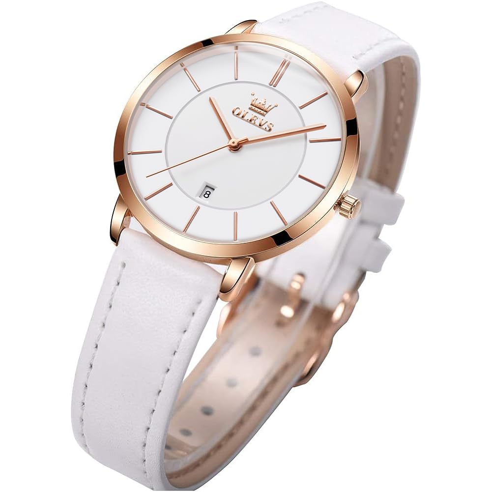 OLEVS Women's Watches White Leather Band for Ladies Female Minimalist Wrist Watch Waterproof Ultra Thin Dress Analog Wristwatch Classic Gifts with Date