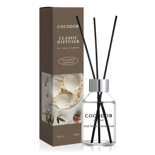 COCODOR Classic Reed Diffuser/Dark Vanilla&Sandalwood/3.4oz(100ml)/1 Pack/Home Fragrance Scent Essential Oil Stick Diffuser for Bedroom Bathroom Home Décor