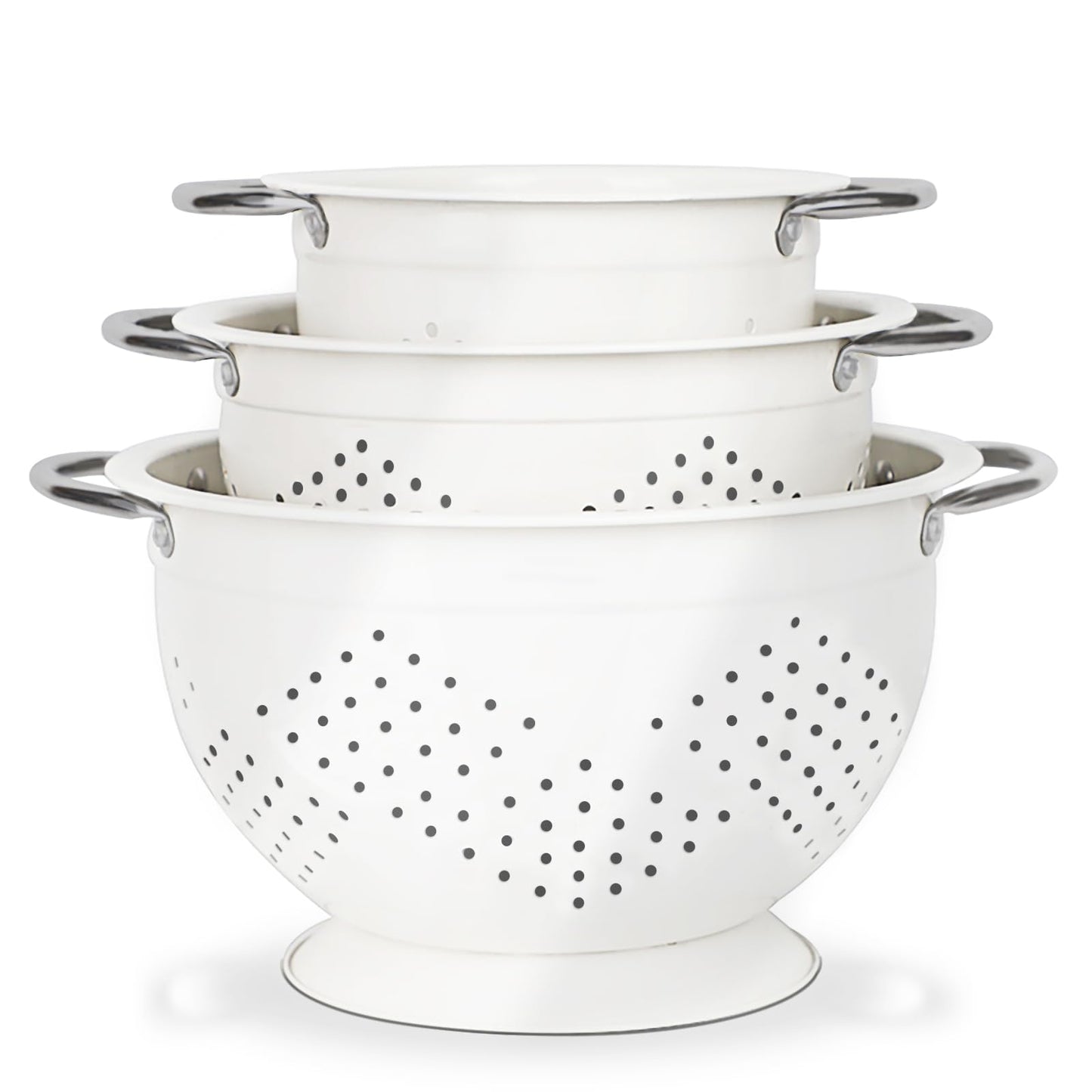 Hillbond Colander Set of 3, 1.5, 3, 5 QT Powder Coated Metal Strainers with Riveted Stainless Steel Handles and Stable Base, Food Strainers and Colanders for Kitchen, White
