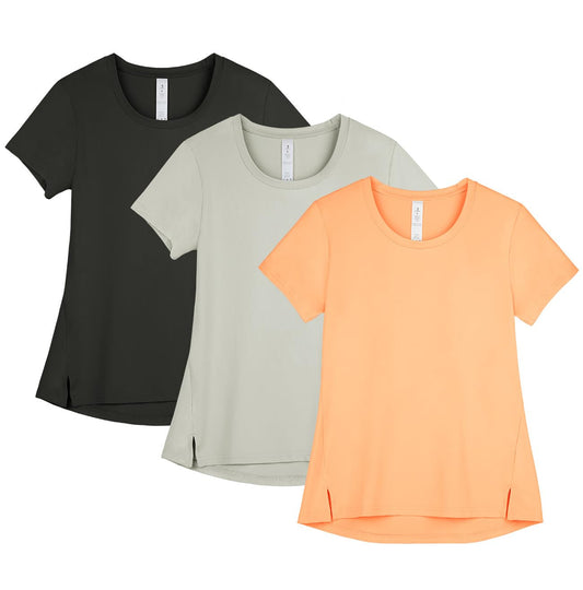 icyzone Women's Athletic Short Sleeve T-Shirts for Workout Running Yoga (Pack of 3) (Black/Natural Grey/Pale Peach, M)