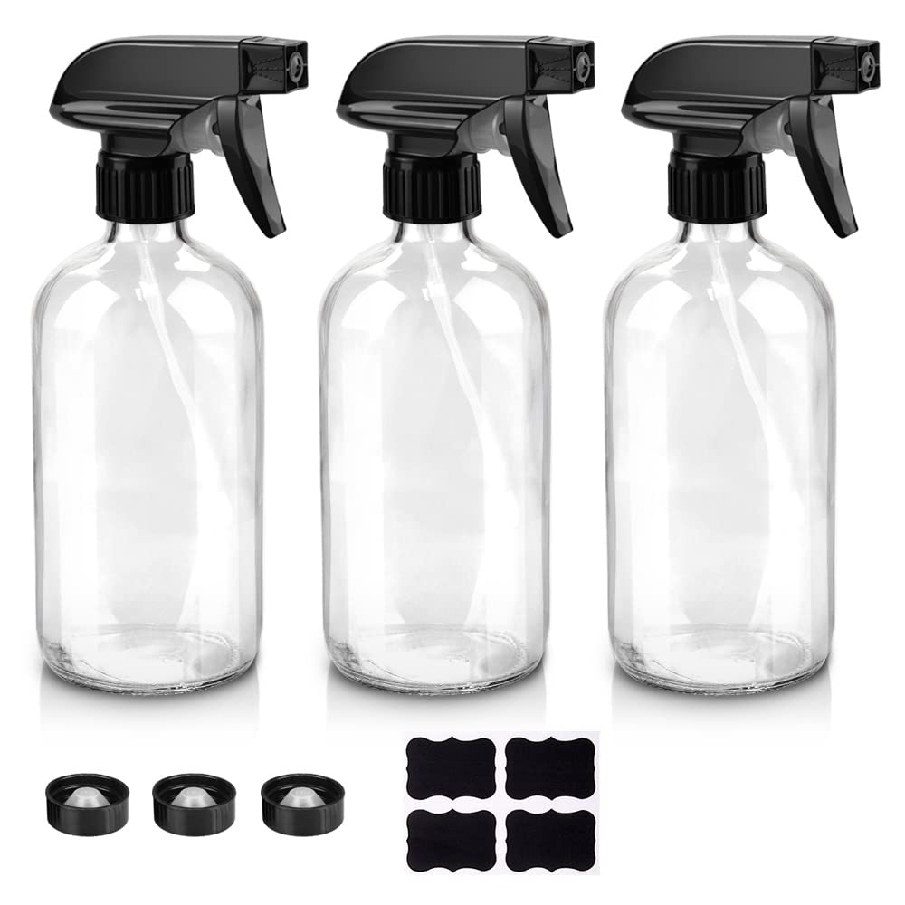 Glass Spray Bottles, 16oz Refillable Containers, Empty Boston Round Bottles with Labels & Adjustable Nozzle for Cleaning, Gardening, Aromatherapy, Pets, Plant, Hair -Clear (1 Pack)