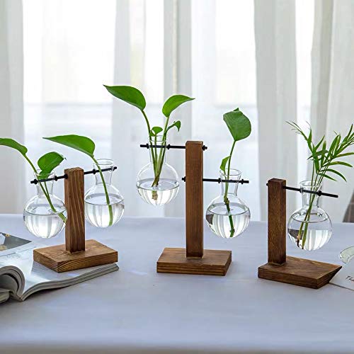 Kingbuy Glass Planter Bulb Vase Desktop Plant Terrarium with Retro Solid Wooden Stand for Propagation Hydroponics Water Plants Home Garden Office Decor