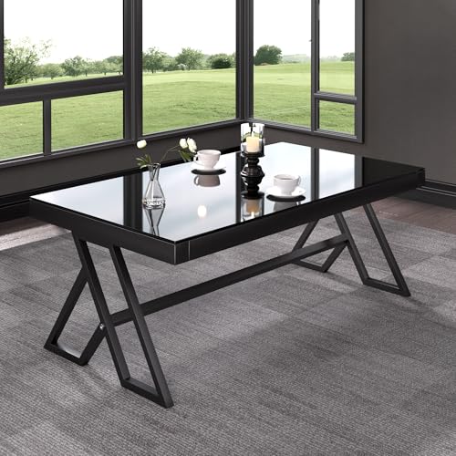 Jerry & Maggie Tempered Glass Tea Table Coffee Table Cocktail Desk Table - Modern Steel Triangular Legs Living Room Desk Decor - Anti Scratch Polished Surface Family Size Dinning Table, Black