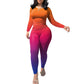 Nimsruc Two Piece Outfits For Women Casual Jogging Suits Long Sleeve Tracksuits Bodycon Crew Neck Sweatsuits Pants Sets Matching Orange Pink Purple Gradient S
