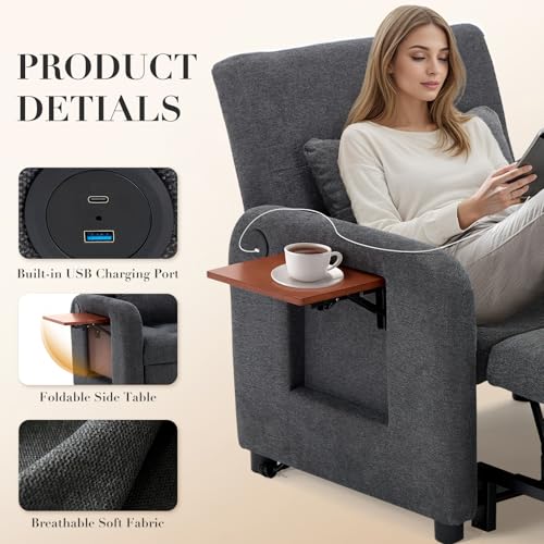 COLAMY Convertible Sleeper Chair-Fabric Futon Sofa Bed, Single Sleeper Sofa, Small Couch Bed with USB Port, Foldable Table, Pillow, Adjustable Backrest for Dorm/Bedroom/College Darkgrey