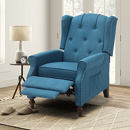 B BAIJIAWEI Wingback Recliner - Tufted Arm Chair With Massage and Heat - Fabric Push Back With Remote Control, Heating Function, Adjustable Backrest (Blue)