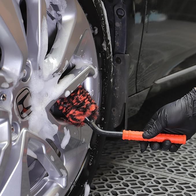 SPTA Angled Car Wheel Brush Set, 2Pcs Car Detailing Cleaning Brush Synthetic Wool Rim Cleaner Brush, Flat Spoke Brush, Metal Free Rim Tire Detail Brush, Remove Brake Dirt Behind Your Rim Accessories