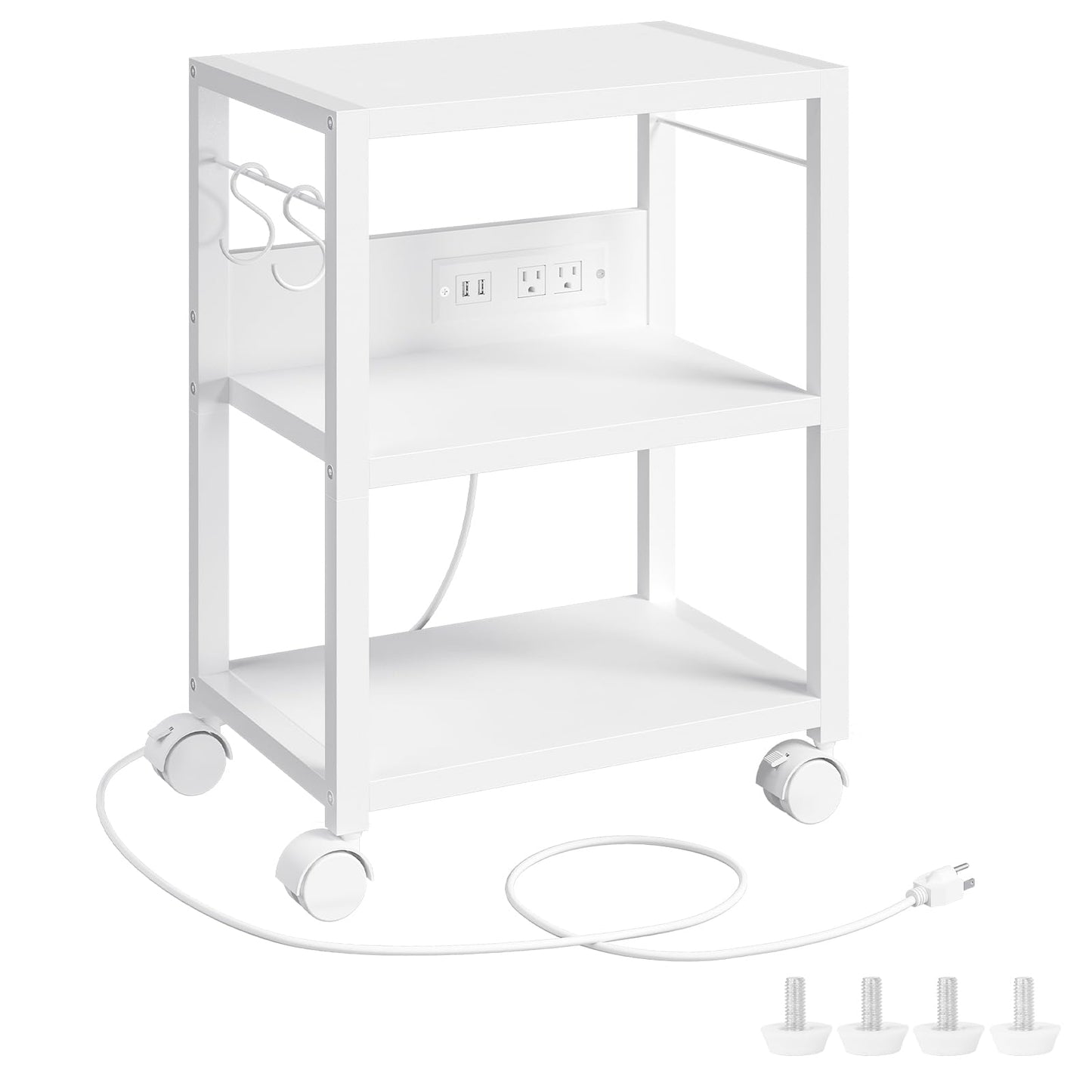 MAHANCRIS Industrial Printer Cart, 3-Tier Mobile Printer Stand, Rolling Cart with 2 AC Outlets and 2 USB Ports, Home Printer Stand with 2 Hooks, for Office, Living Room, White PTWT40E01