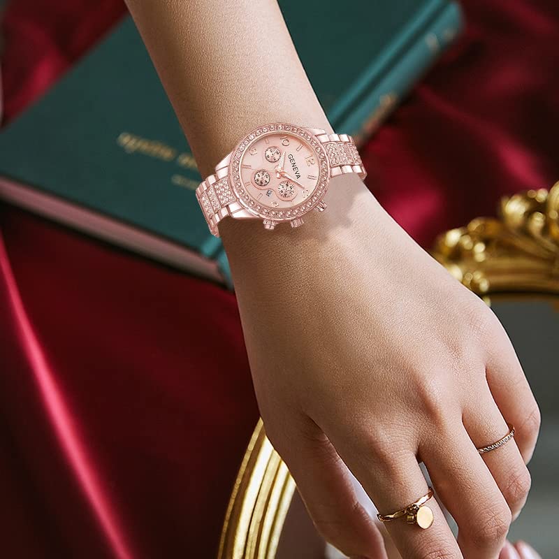 Luxury Unisex Crystal Diamond Watches Quartz Digital Calendar Rose Gold Silver Stainless Steel Watch (Rose Gold)
